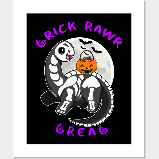 Trick Rawr Treat Halloween Dinosaur kawaii kids costume Brontosaurus Wall Art by JustJoshDesigns